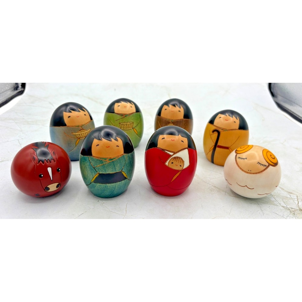 Vintage Usaburo Kokeshi Wooden Nativity Set 8pc Japanese Christmas Manger Japan